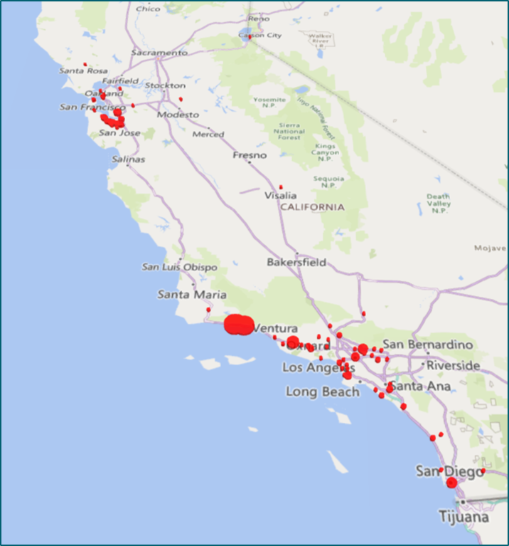 CA Map of external institutions served by UCSB Nanotech 2006-2018