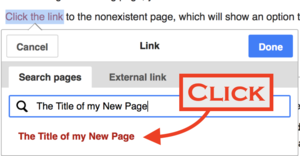 Screenshot showing Hyperlink panel to nonexisting page - Showing Arrow to CLICK on RedLink