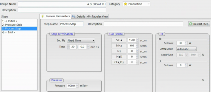 Screenshot of PECVD#2 a-Si Recipe from Plasmatherm Software