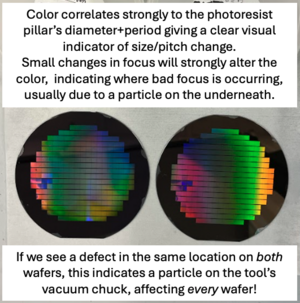 Image showing 2 wafers with colorful rainbow patterns, both show a black spot on the right side.