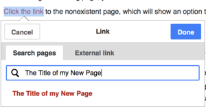 Screenshot of hyperlink panel, Creating a hyperlink to a nonexisting page.
